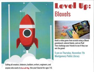 Flyer promoting Bloxel activity at library 11/7/2019