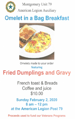 Flyer promoting Breakfast on February 2 by Legion Auxiliary